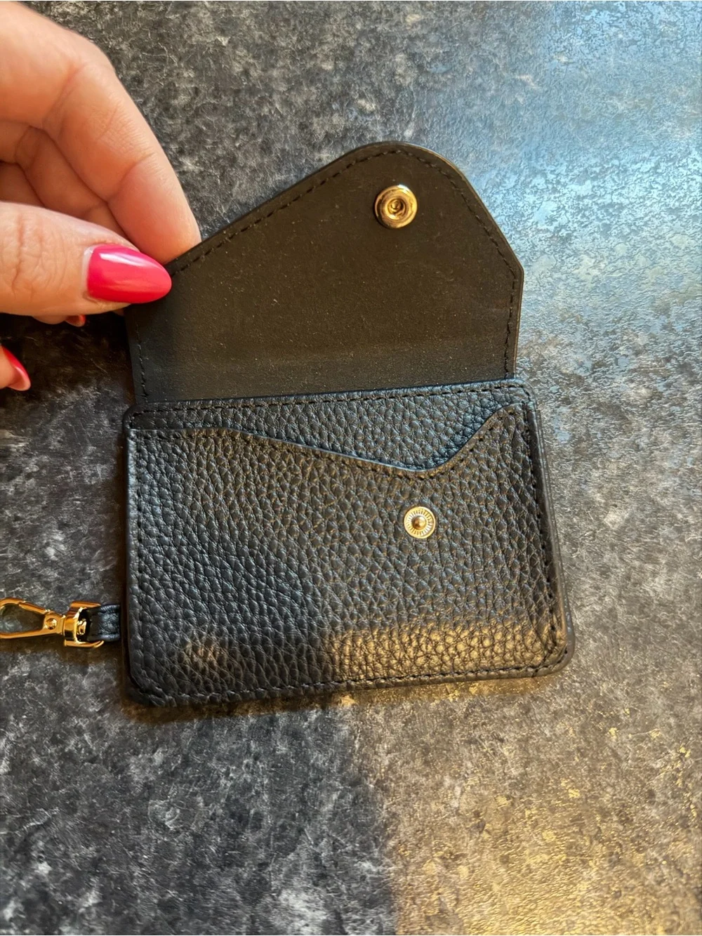 Bandolier Black Pebbled Leather Card Wallet with Gold Hardware iPhone pro size